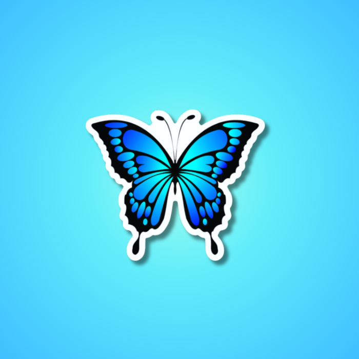 beautiful vibrant butterfly sticker close up on a blue background