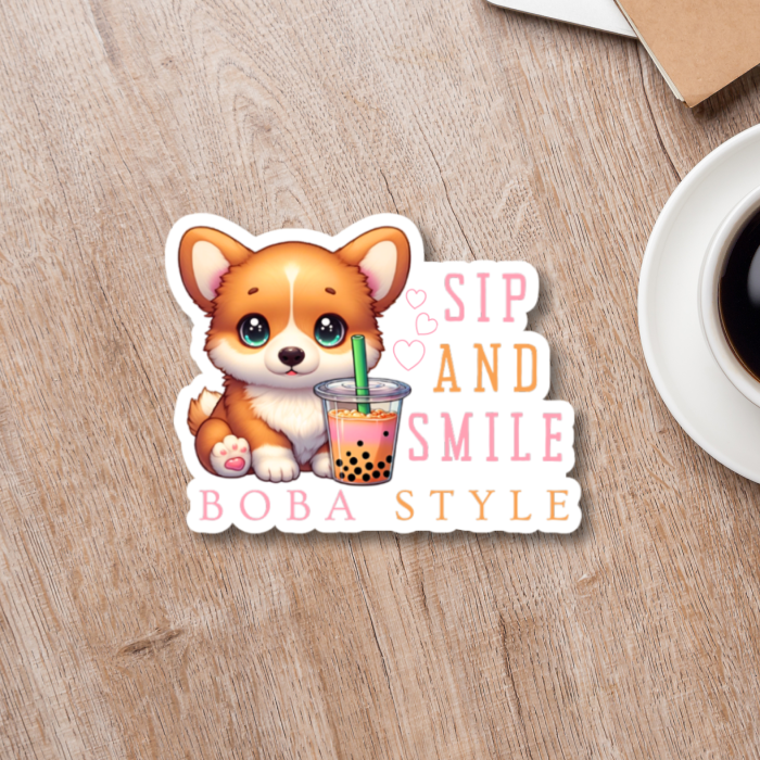 Cute Watercolor Sticker with Dog and Boba Tea Quote