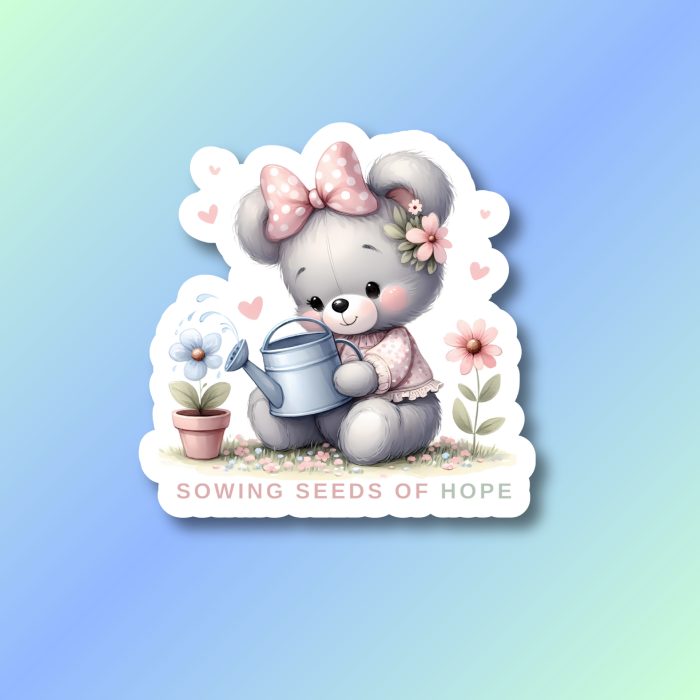 positive affirmation sticker with pastel baby bear watering flowers