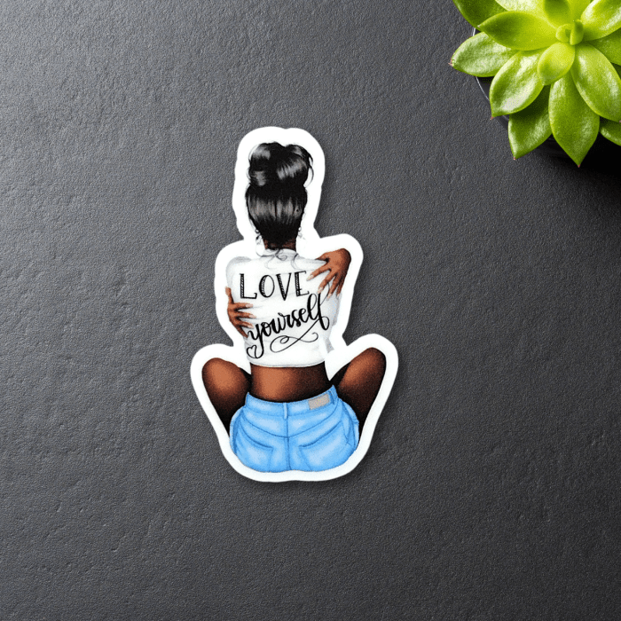 love yourself sticker of a woman hugging herself back view