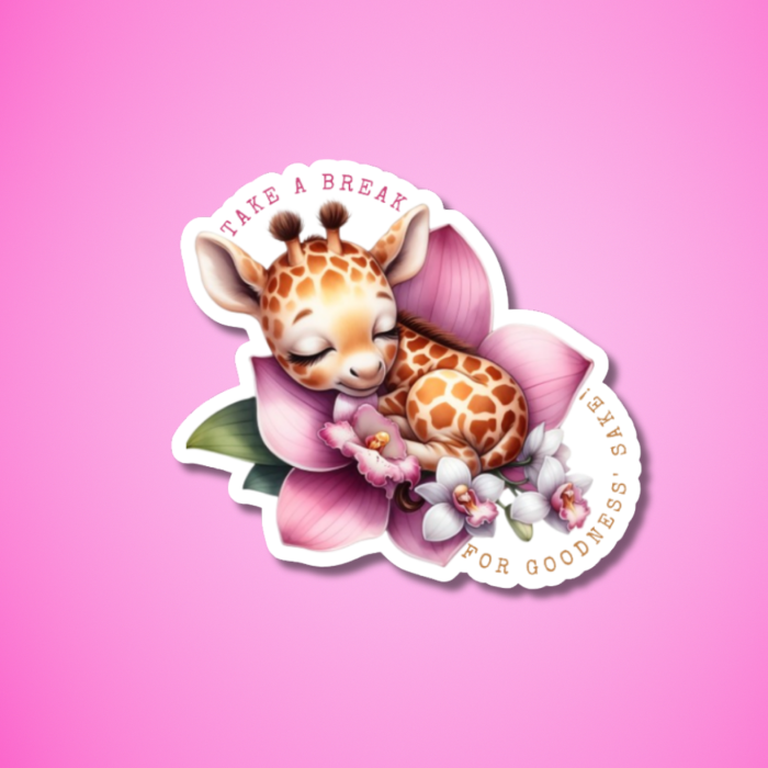 baby giraffe sleeping in a pink flowerbed with positive text message