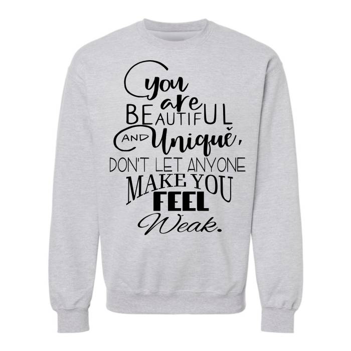 Embrace self-love with this "You Are Beautiful" ash grey crew neck sweater for women, cozy fit. perfect for women in creative or caring professions, available online.