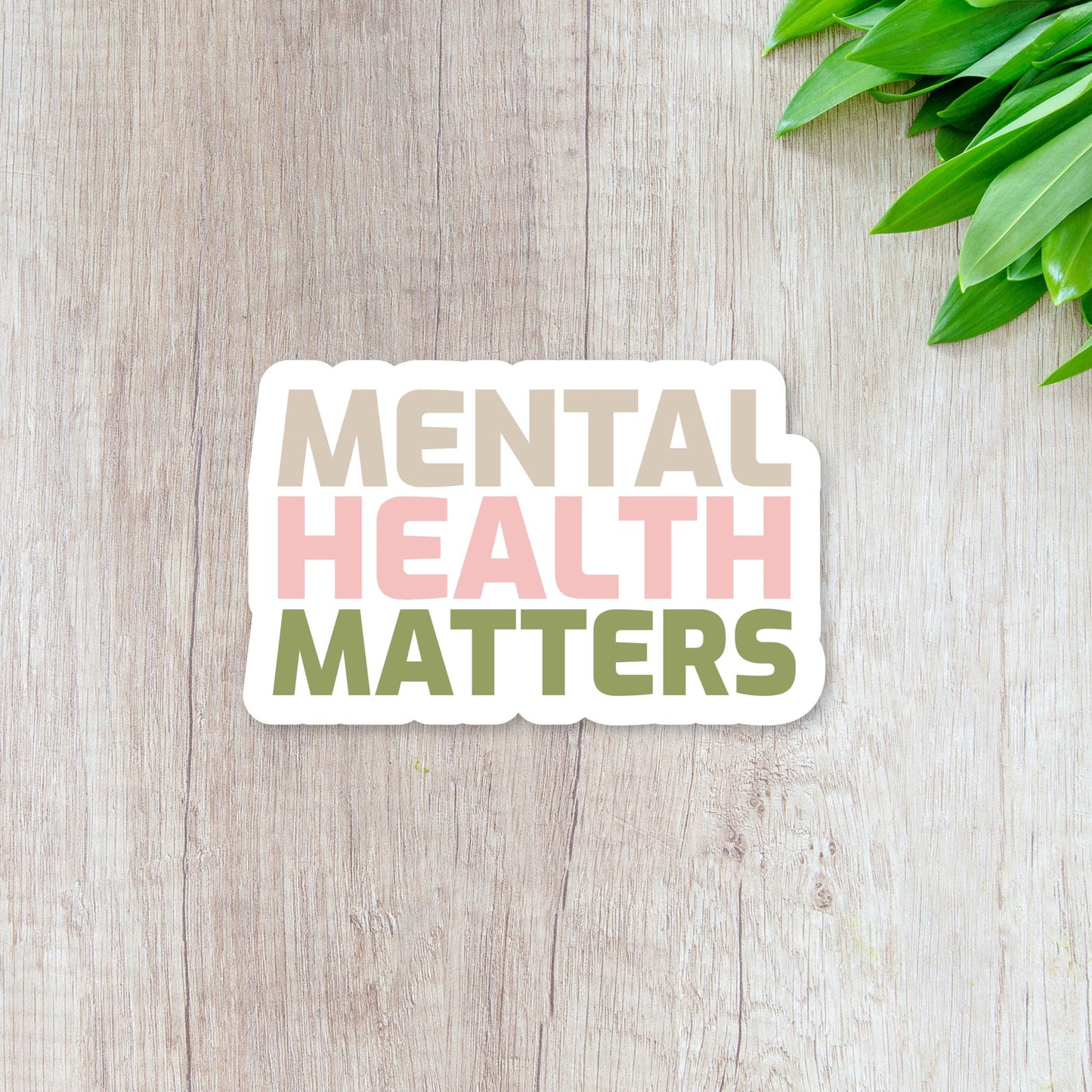 Mental Health Matters Inspirational Earthtone Colored Sticker - on light wooden background and green plant on the side.