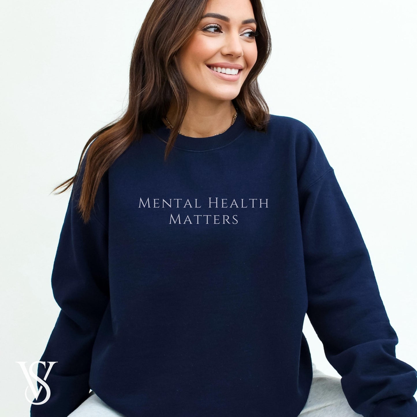 Mental Health Matters Crewneck in Navy Blue. This trendy fashionable sweater make a great gift for women seeking a boost in Mental Health Awareness or to spread support.