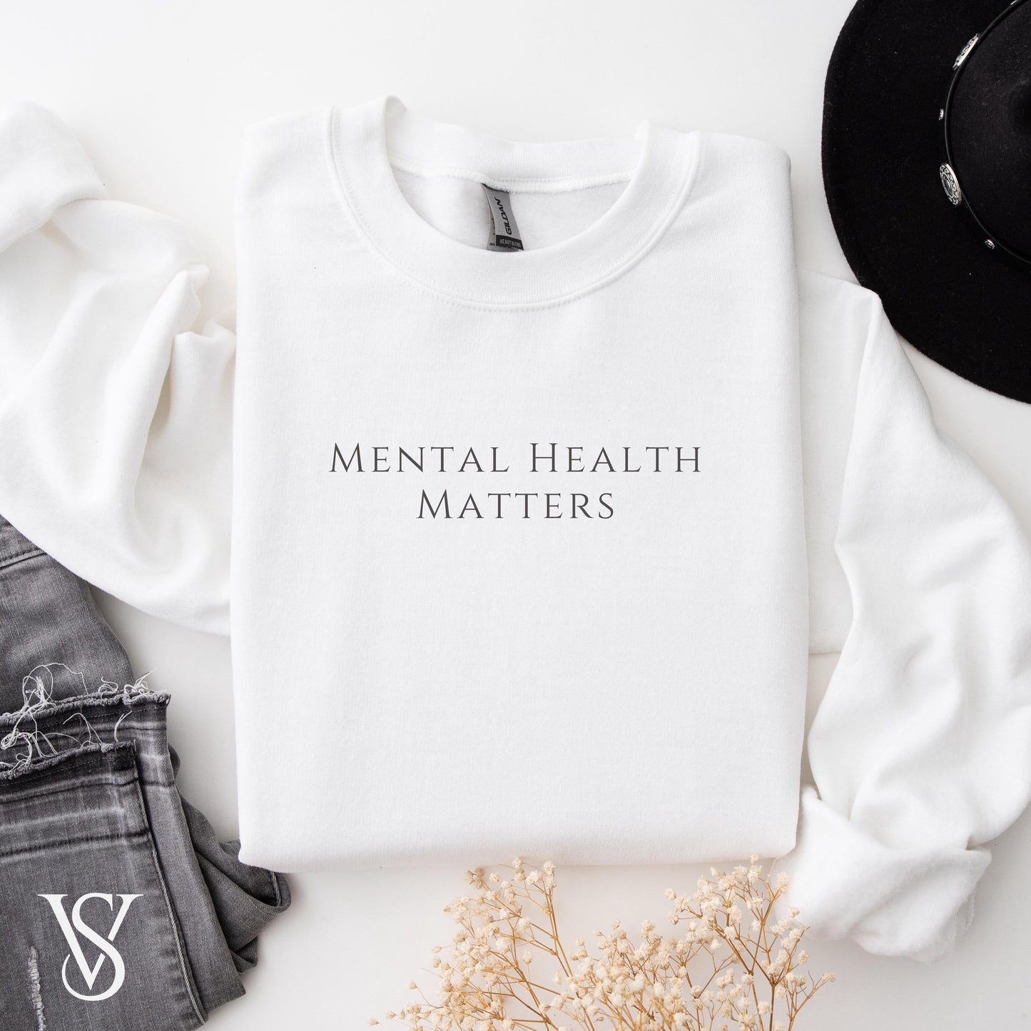Mental Health Matters White Crewneck Sweatshirt. Idea for anyone seeking Positivity Clothing and Mental Health Merch.