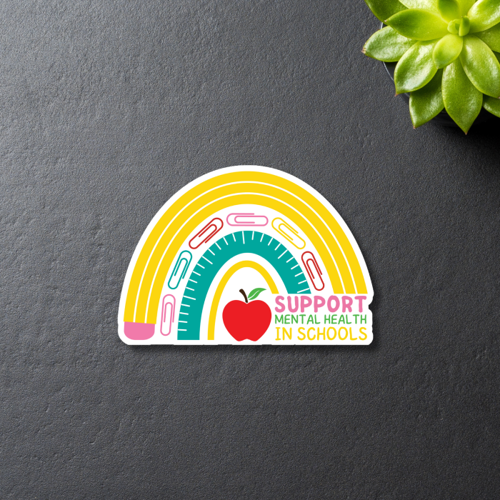 Support Mental Health In Schools Rainbow Sticker Close up on black background