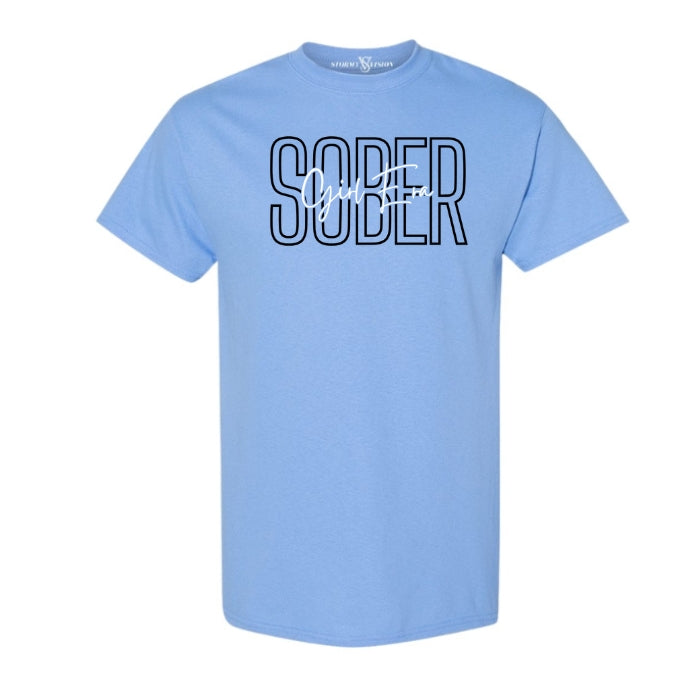 Sober Girl Era Carolina Blue Sobriety Tee For Women. Short Sleeve, Round Neck Tee with black and white font on a white background. Front View.