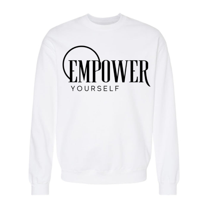 White Self Empowerment inspired crewneck sweatshirt, great for fall. pairs well with boots and jeans for a casual yet empowering look.