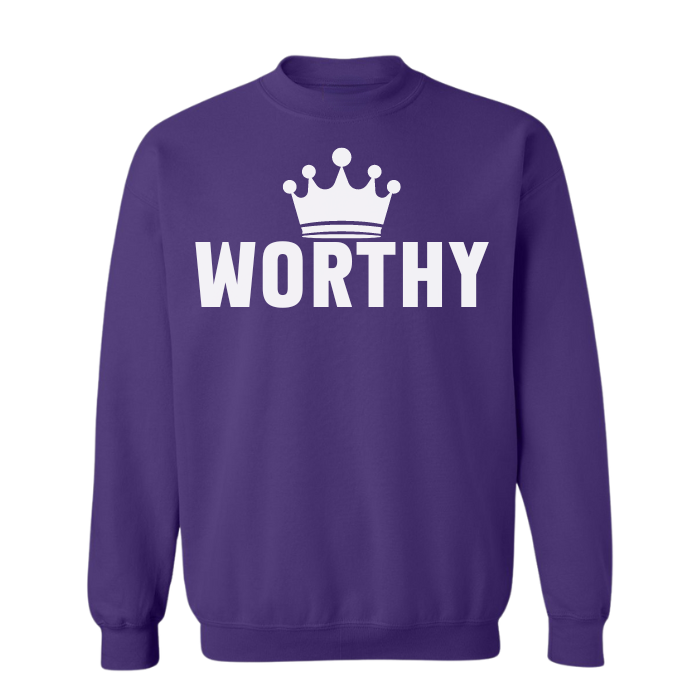Inspirational Worthy Statement Sweater, featuring bold white font and lettering with crown design. perfect for those embracing self-empowerment, available online.