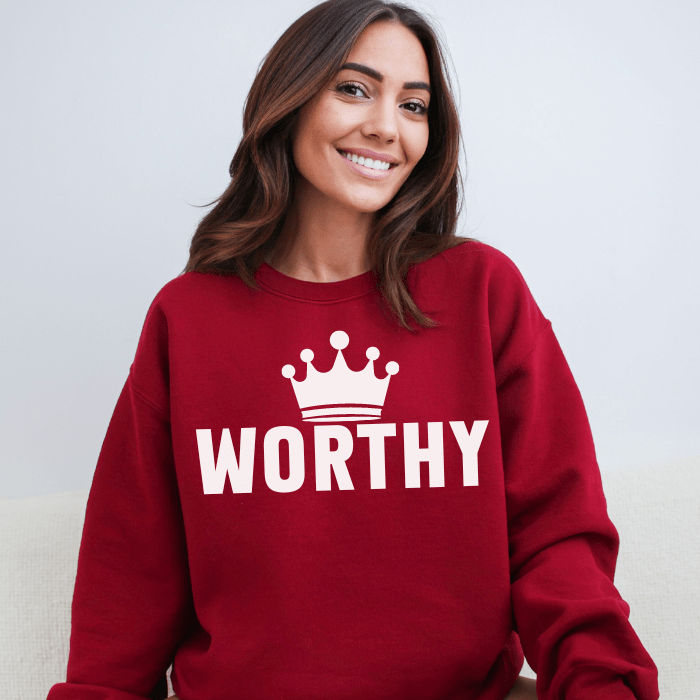 Premium soft crewneck sweatshirt with 'Worthy' graphic, perfect for self-love advocates
