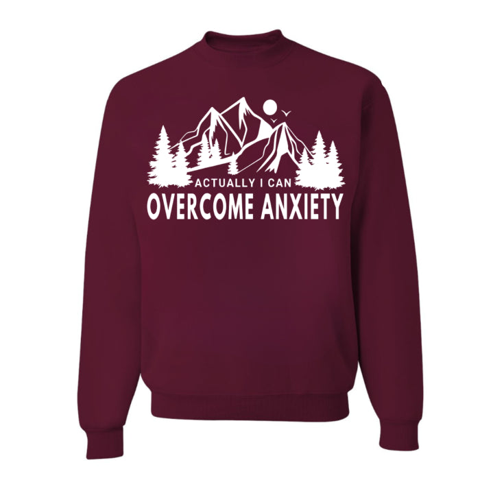 Trendy plus size "Overcome Anxiety" sweater featuring a subtle mountain design, ideal for those on a journey to overcome anxiety.