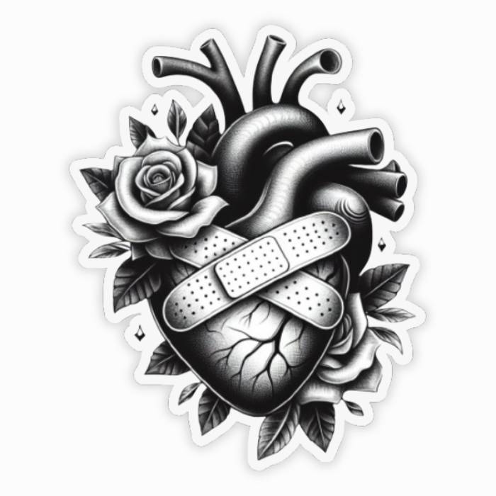 Healing Heart: Black and White Sticker with a bandaged heart and roses.