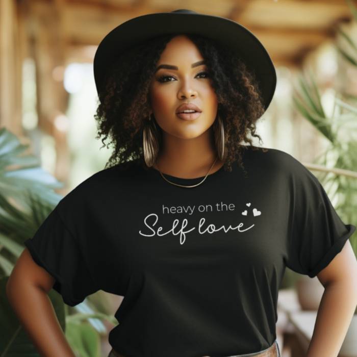 Women's inclusive quality cotton tee, with inspirational self love quote, ideal for fashion lovers seeking all-day comfort and relaxed fit.