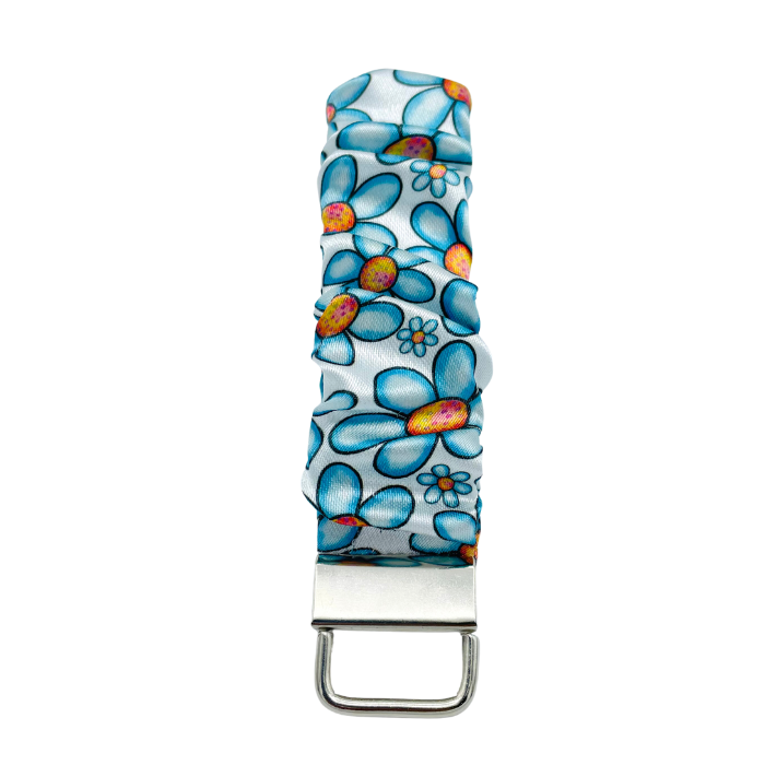 Blue Floral Scrunchie Wristlet Keychain - Daisy Design Front View - Stormy Vision
