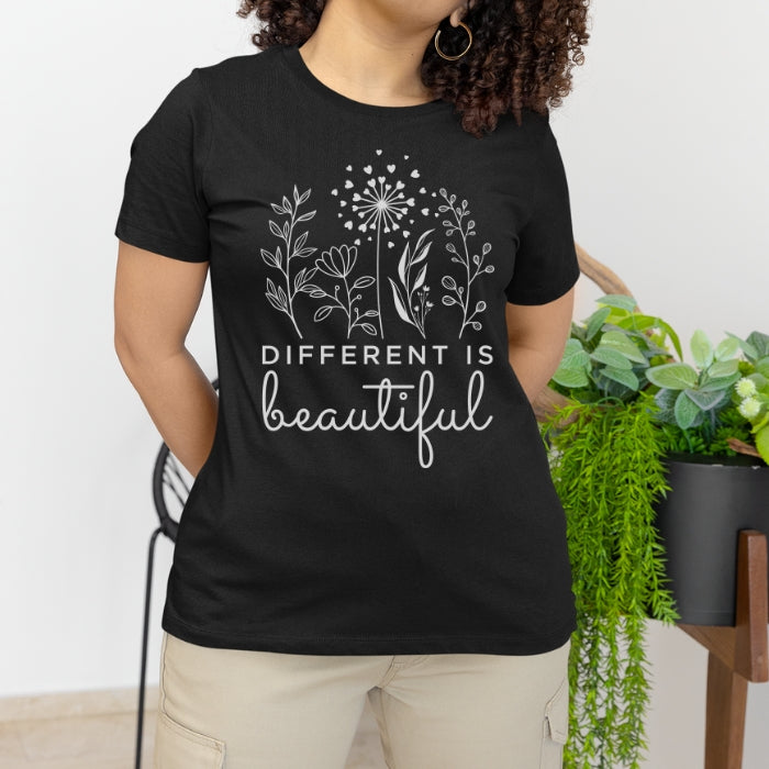 Self love inspired black floral t shirt for plus size women, embodying the message that "Different is Beautiful". Great gift for anyone seeking quality plus size apparel online with comfort and style.