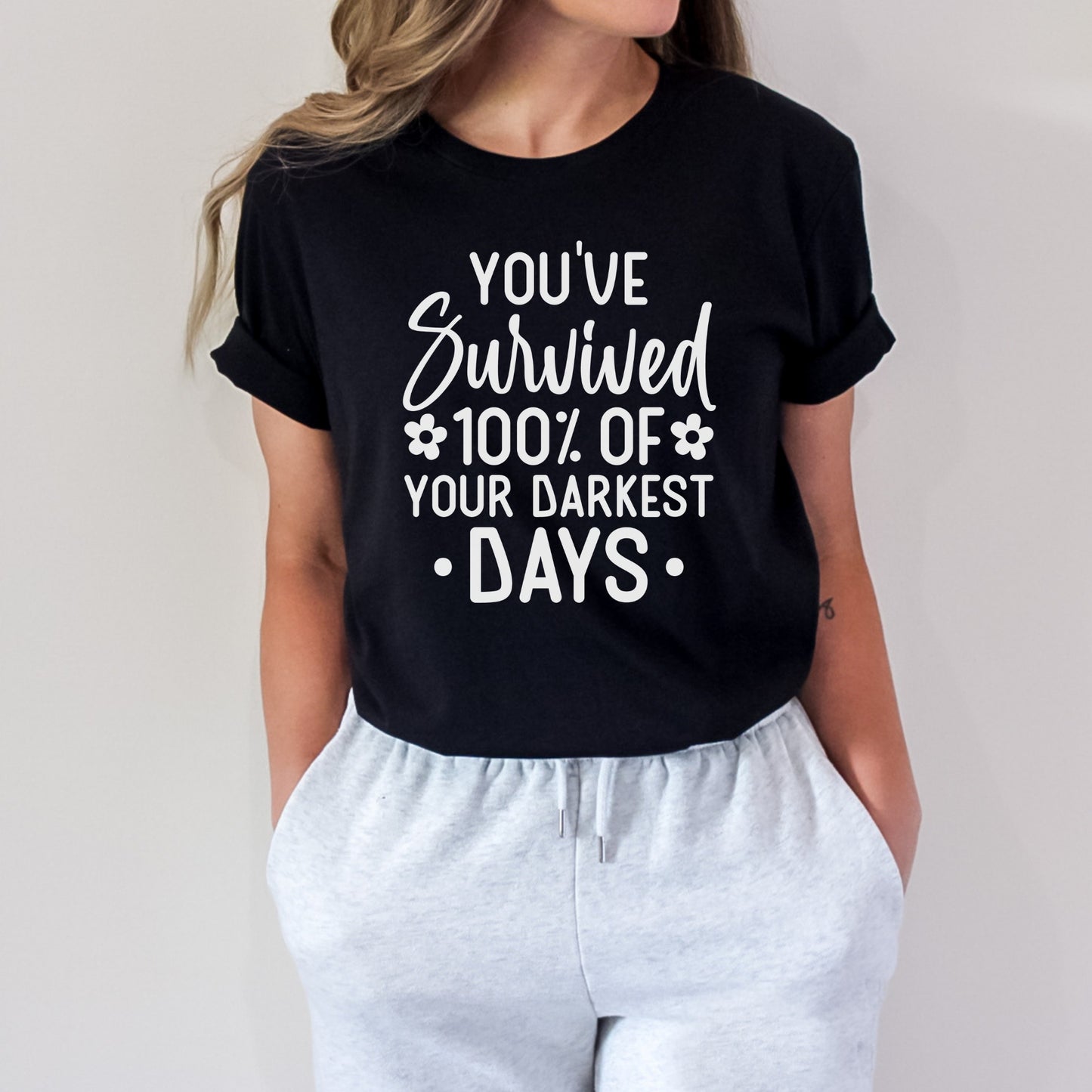 Mental health black graphic tee with a inspirational survivor text-based quote, great for casual everyday wear or positivity.
