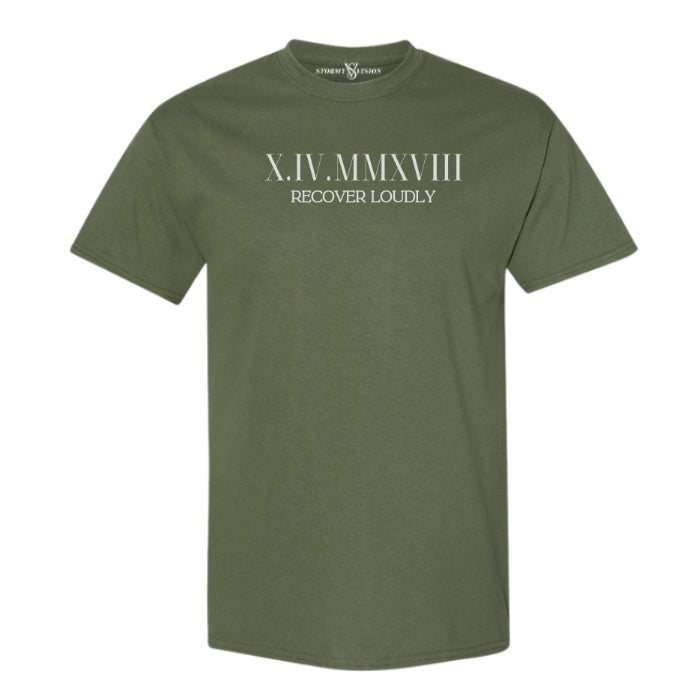 Customizable Roman Numeral Sobriety Unisex Shirt in Military Green on white background. Great for men or women in recovery.