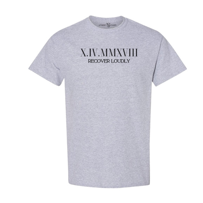 Customizable Roman Numeral Sobriety Unisex Shirt in Sports Grey on white background. Great for men or women in recovery.