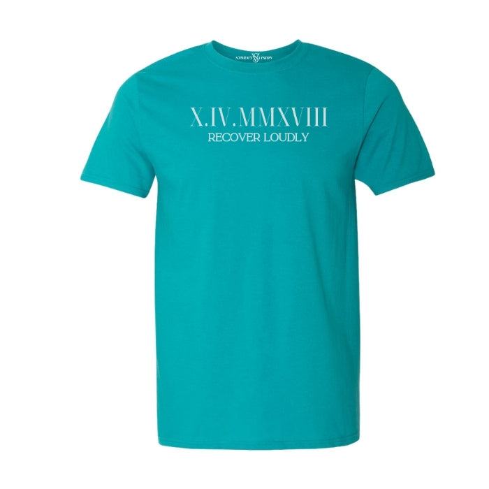 Customizable Roman Numeral Sobriety Unisex Shirt in Jade on white background. Great for men or women in recovery.