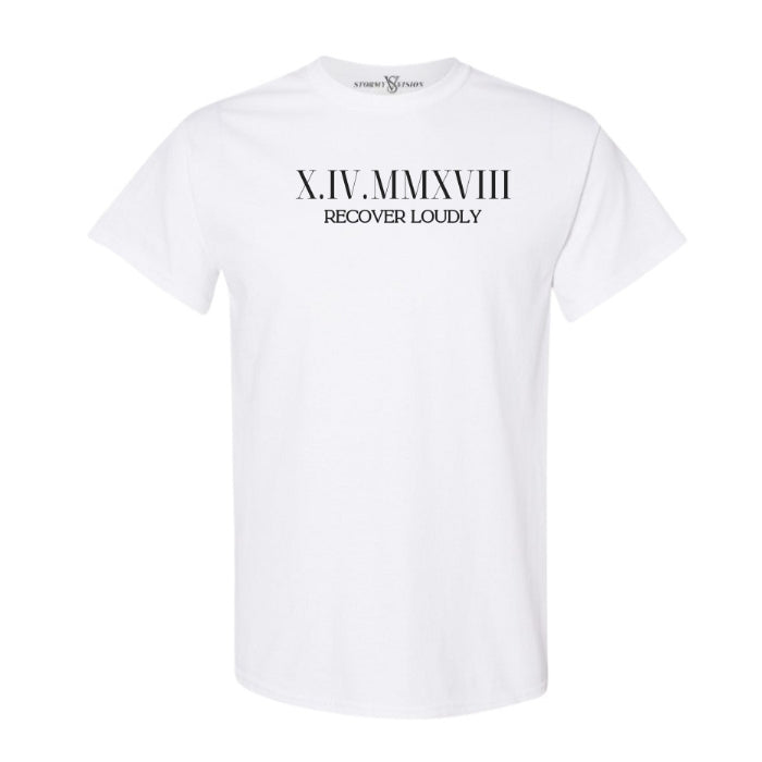 Customizable Roman Numeral Sobriety Unisex Shirt in White on white background. Great for men or women in recovery.