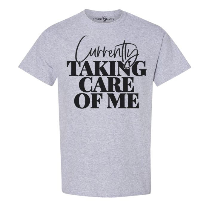 Cute basic cotton tee for women, with bold font encouraging taking care of self. Perfect for a mental health boost.