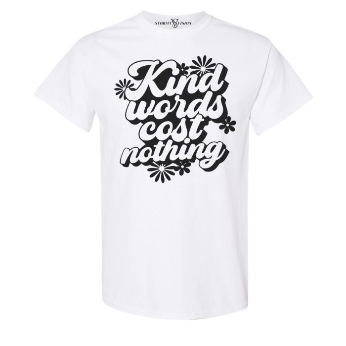 Text-based Kind Words crew neck t-shirt, with a floral design, great for casual days and perfect for spreading positivity.