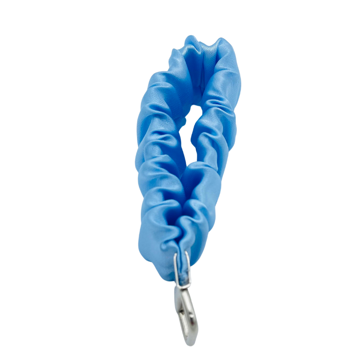 Blue Satin Scrunchie Wristlet - open side view - Stormy Vision