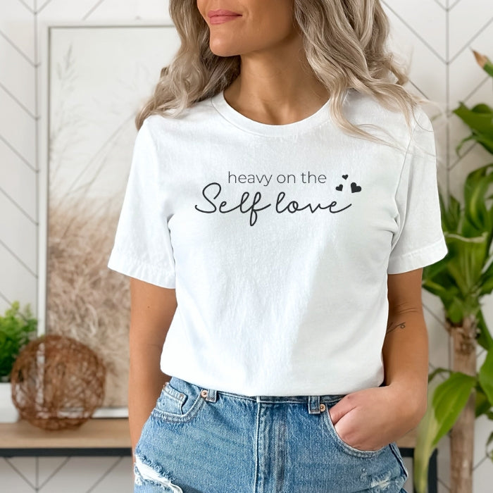 Mental health inspired Self Love text-based tee, perfect for spreading positive vibes.