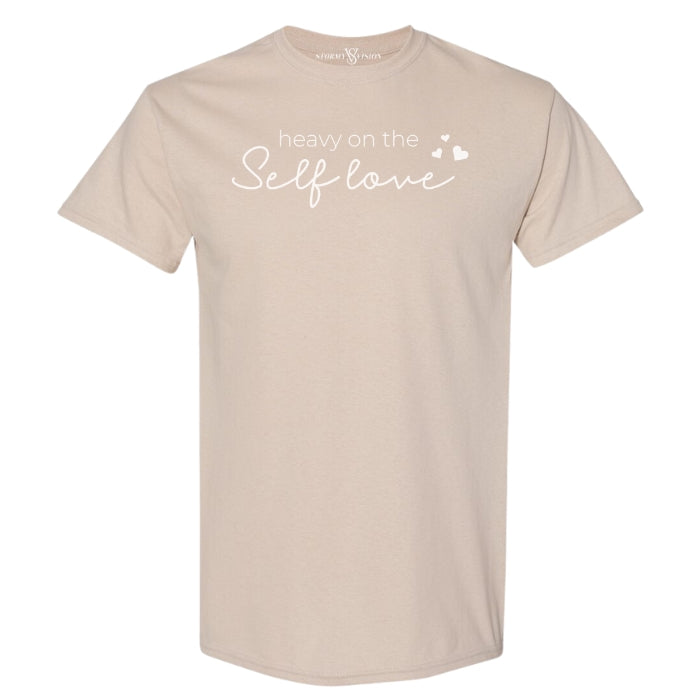 Women's comfortable and soft relaxed fit cotton tee, featuring a positive self love message and cute heart design, perfect for everyday wear and promoting mental health.