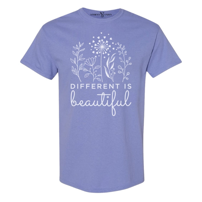 Ladies cute and trendy violet floral t shirt, with powerful messaging that "Different is Beautiful", in white cursive font. Great for a positivity and self love boost.