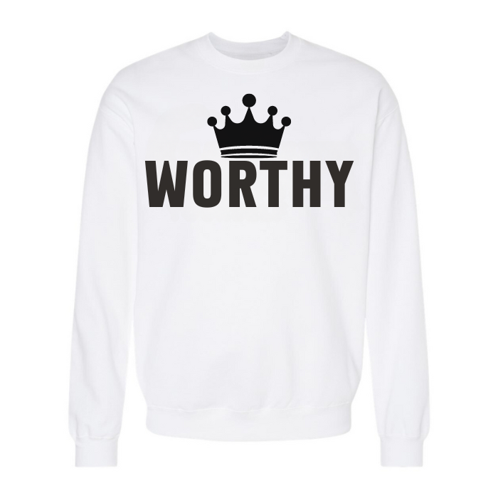 Trendy plus size Worthy inspired pullover sweatshirt for women, featuring a bold black font and crown design. ideal for self-love enthusiasts, great for layering under a cozy sweater.