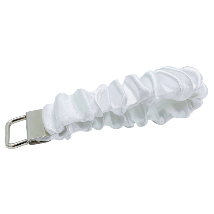 White Satin Scrunchie Wristlet - Keychain front view - Stormy Vision