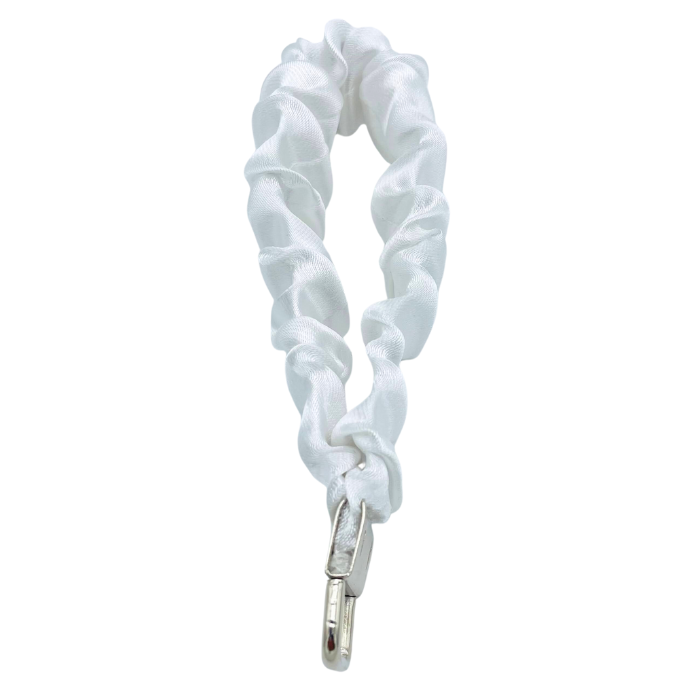 White Satin Scrunchie Wristlet - Keychain Side view - Stormy Vision