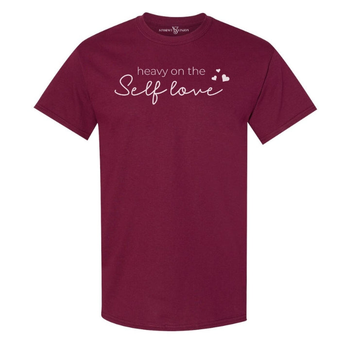 Heavy on the self love graphic tee for women, perfect for spreading positivity and pairs well with a denim jacket or jeans.