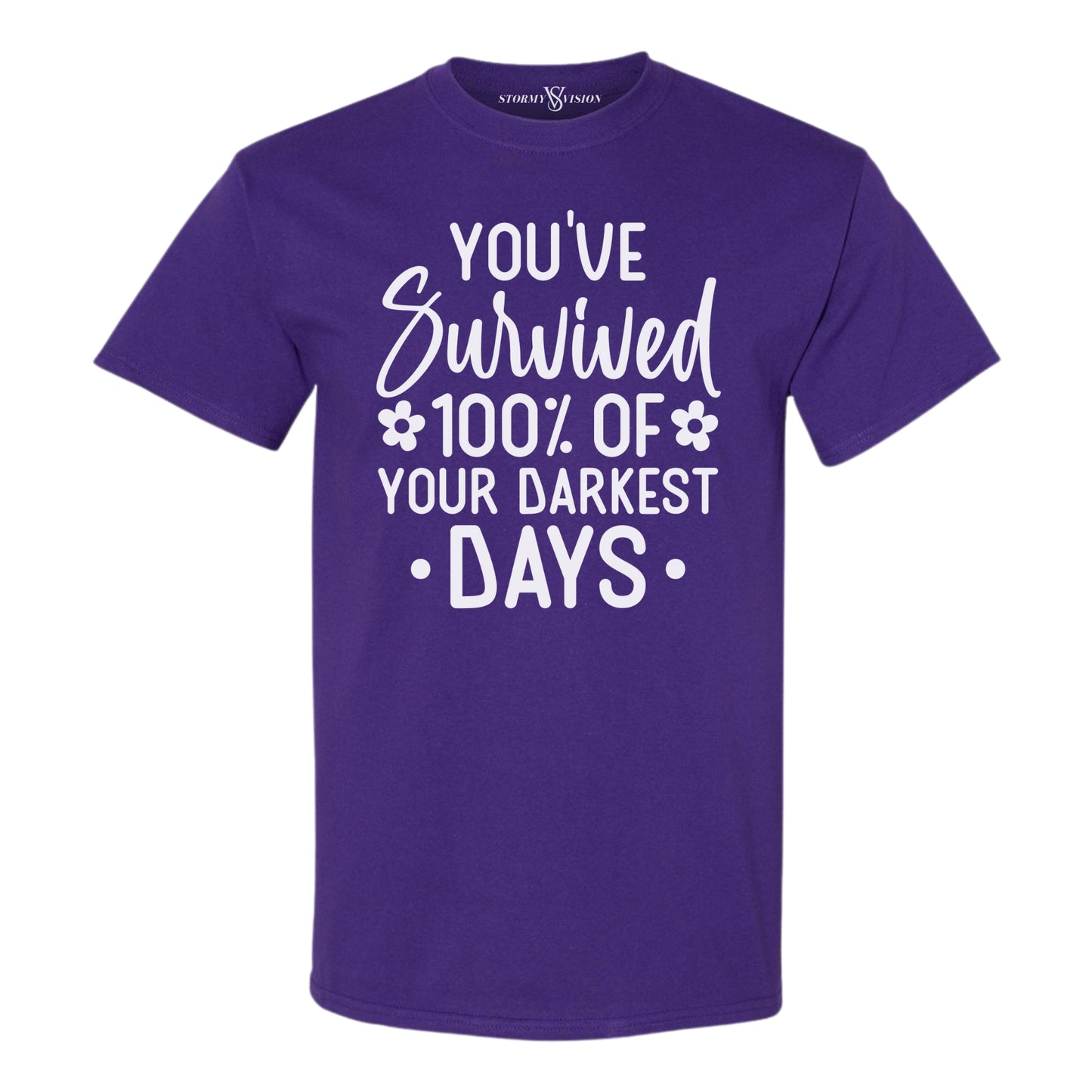 Cute purple and white plus size graphic t shirt for women, with You've Survived inspirational wording. Great for full figured women seeking style and comfort.