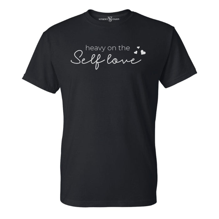 Women's printed self love slogan t-shirt, in classic black with white font and heart design. Pairs perfectly with lounge pants for a cozy vibe.
