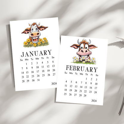 Bright White Cow Desk Calendar, Premium Cardstock, Funny Cow Artwork for Home Office