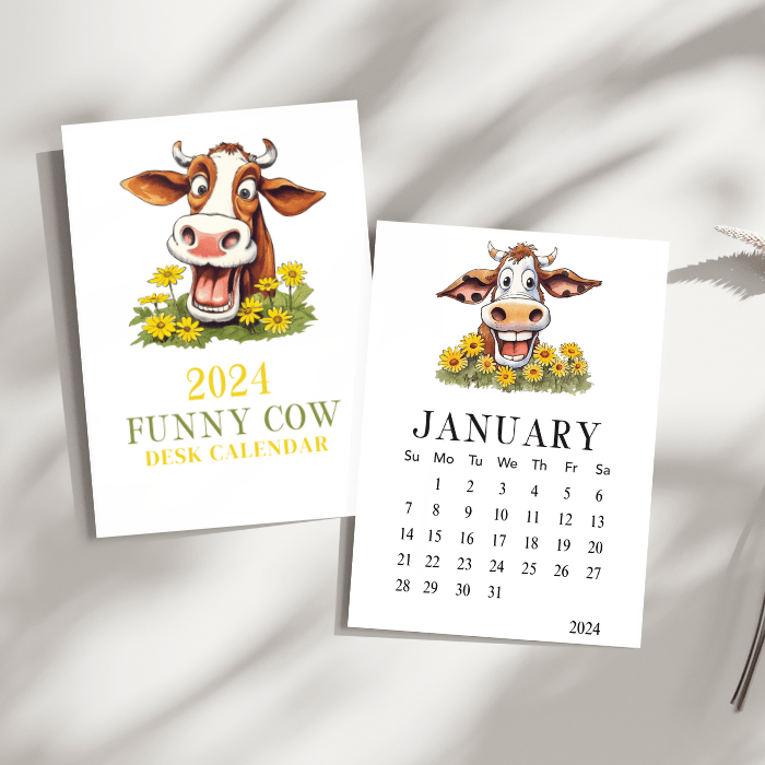 Cow Lovers' Desk Calendar - Premium Quality, Natural Wood Stand, 4x6 or 5x7 Sizes