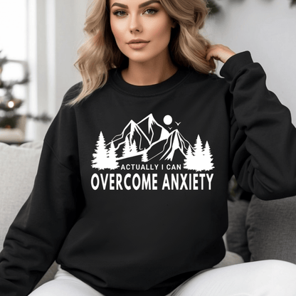 Inspirational "Overcome Anxiety" black crew neck sweater, a must-have for mental health advocates, pairs well with your favorite comfy pants.