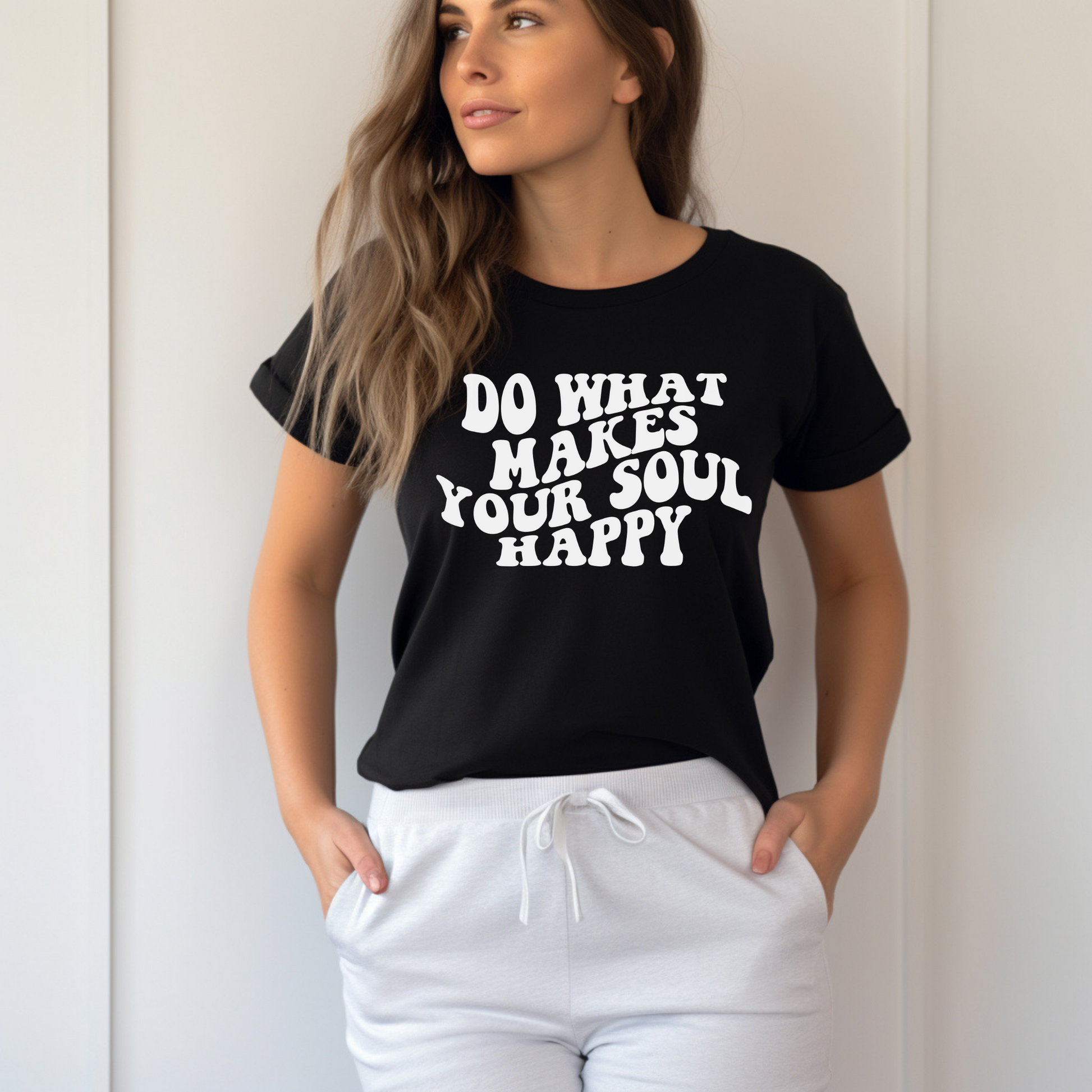 Black plus size cotton t-shirt featuring the text "Do What Makes Your Soul Happy, perfect for casual inspiration