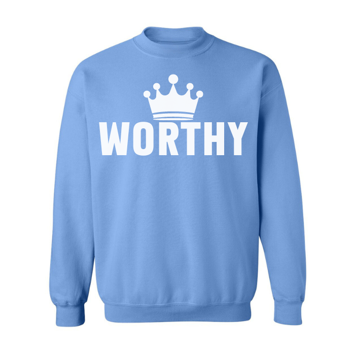 Uplifting "Worthy" plus size loose fit crewneck sweater, cozy and perfect for seasonal wear. pairs well with both casual and office outfits.
