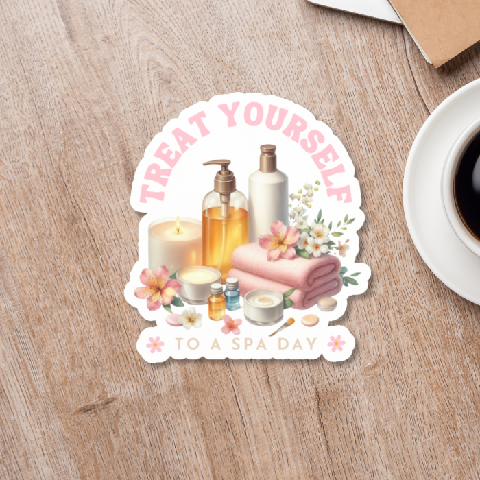 cute watercolor sticker with self care quote on light wood background