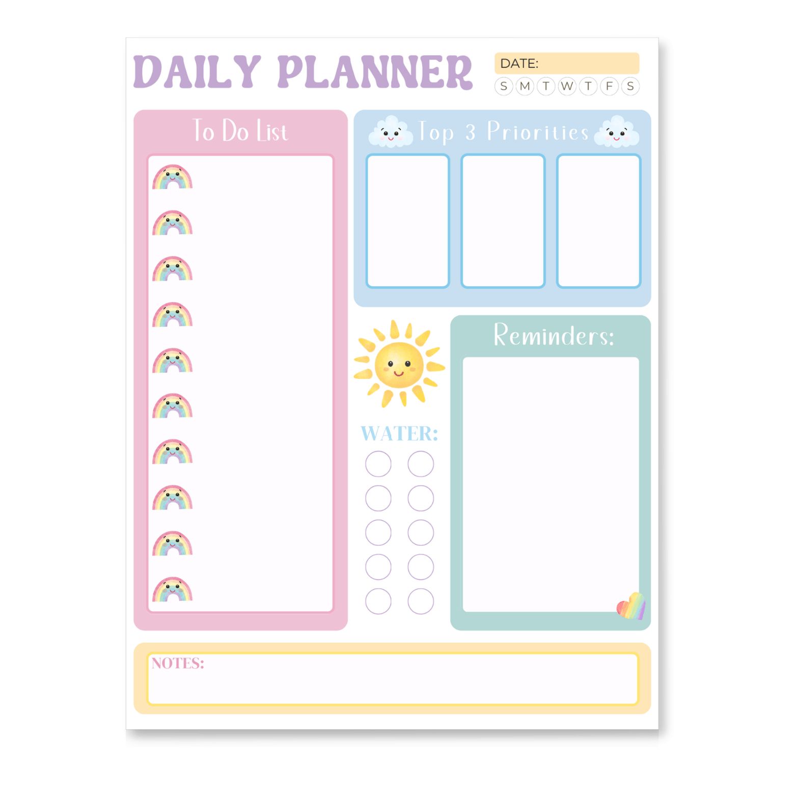 cute kawaii style daily planner with pastel sunshine, rainbows and cloud elements on a white background.