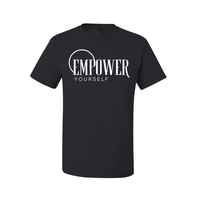 Women's empowerment t-shirt in classic black with white  Empower Yourself text, great for inspiring confidence and casual styling