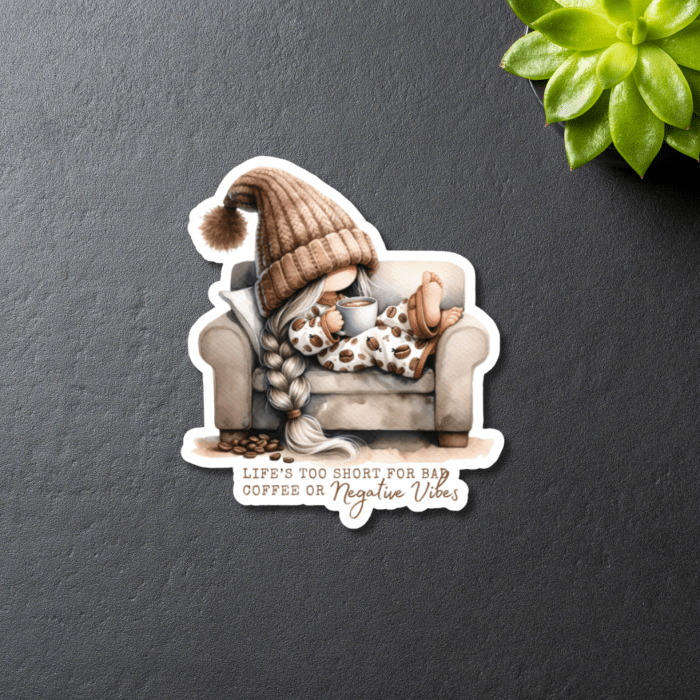 mental health inspired gnome and coffee sticker