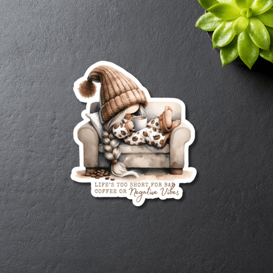 mental health inspired gnome and coffee sticker