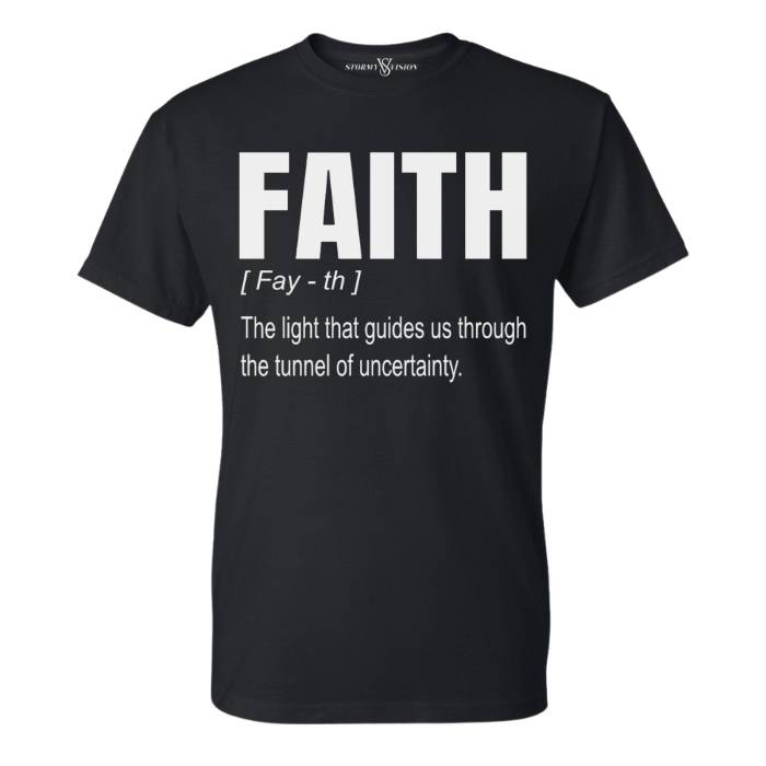 Classic black crew neck tee, featuring Faith based slogan in big and bold white font. Ideal for Christian and Women of Faith.