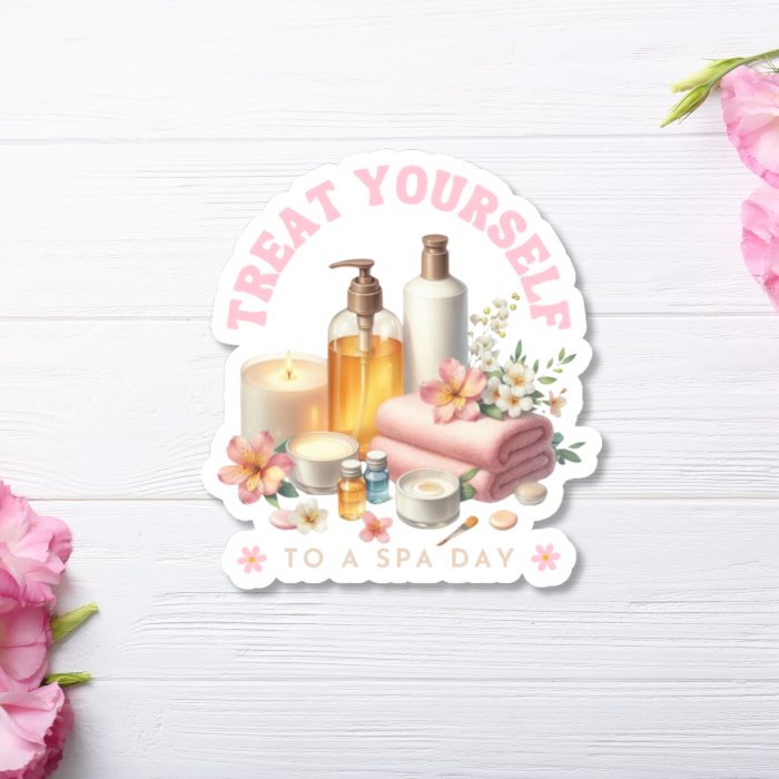 floral inspired self care spa day sticker close up on wooden background