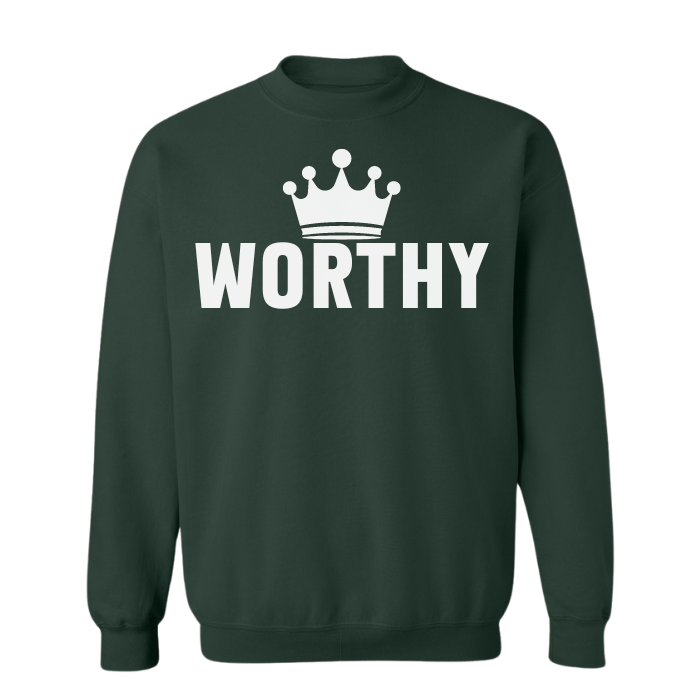 Forrest green Worthy inspired crewneck sweatshirt for women, with inspirational crown design. great for cozy days at home or casual outings.