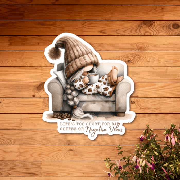 waterproof die cut watercolor gnome sticker with quote